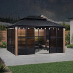 PURPLE LEAF 12' X 14' Patio Hardtop Gazebo Double Top Outdoor Screen House Aluminum Solarium Backyard Sun Room with Detachable Windows and 24 Solar String Light