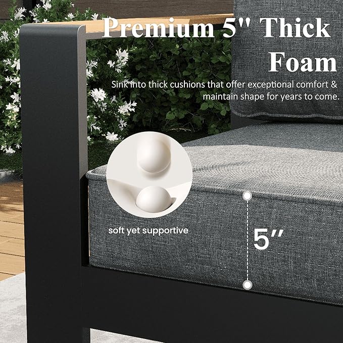 LayinSun 4 Piece Aluminum Outdoor Furniture Set with Fire Pit Table, Outside Patio Deep Seating Conversation Set with Upgraded Washable Thick Cushion