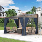 Gotland 10FTx12FT Outdoor Wall-Mounted Hardtop Pergola, Metal Frame Gazebo with Sloping Sun Panel Roof and Double Curtains for Patio, Garden, Lawn, Navy