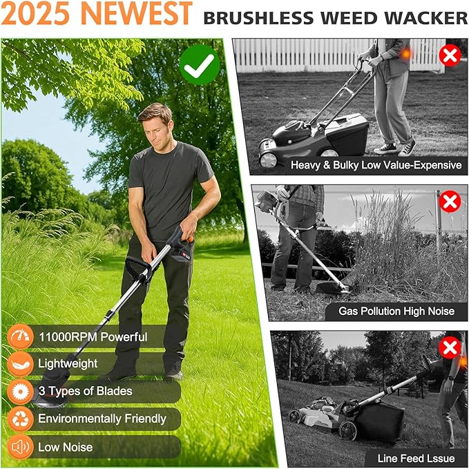 ALSO GO 24V Electric Weed Wacker, Cordless Grass Trimmer with 2 Batteries & Charger, 3 in 1 Stringless Brush Cutter/Weed Eater/Edger/Lawn Mower with 3 Types Blade & Wheels for Garden and Yard Lawn