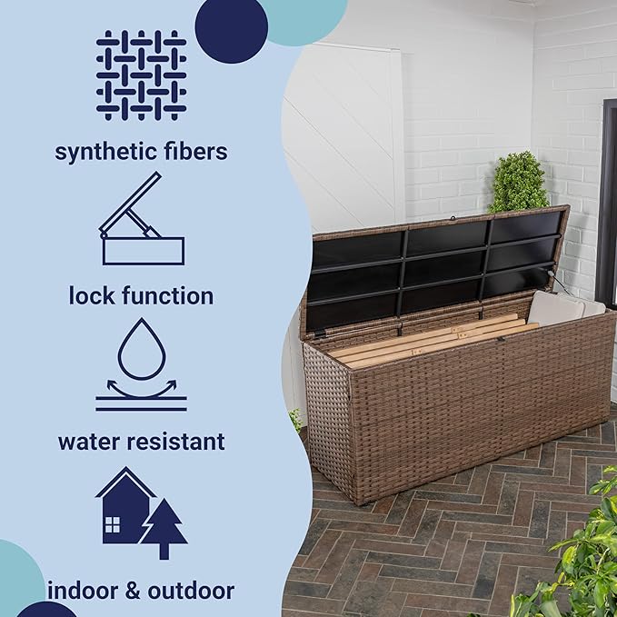 happimess TRK1001B Nino 47.24" Modern Minimalist Outdoor Faux Wicker Deck and Patio Storage Box, Brown, Soft-Close, for Package Delivery, Patio Furniture, Cushions, Gardening Tools, Pool Supplies