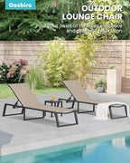 Aluminum Chaise Lounge Outdoor Set of 2, Foldable & Assembly Free Patio Pool Lounge Chairs 5-Position Recliner for Outside Poolside, Fully Grounded Legs Sun Lounger for Beach, Yard, Khaki
