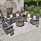 MEISSALIVVE 9 Piece Outdoor Patio Furniture Set, Half-Moon Curved Sectional Sofa Rattan Conversation Set with Wood Armrests, Coffee Table & Side Table（Grey）