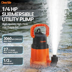 Cleartide Submersible Sump Pump, 1/2 HP Utility Water Pump for Pool Draining, Hot Tub, Basement, Electric Drain Pump Handles 3/8" Solids, 10 FT Cord
