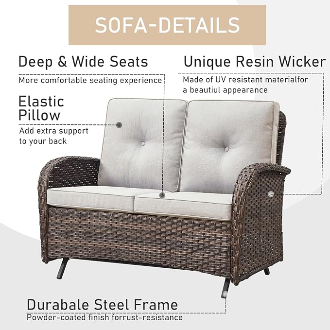 HUMMUH Patio Furniture 7-Piece PE Wicker Outdoor Conversation Set,All-Weather Swivel and Rocking Chairs,Glider Loveseat,Coffee Tables for Backyard,Poolside,Deck