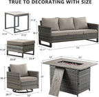 HUMMUH 7 Piece Patio Furniture Set with Fire Pit 41in 55,000 BTU,Wicker Outdoor Conversation Sets - Patio Swivel Chairs Sofa Ottomans,Side Table for Porch,Garden,Backyard