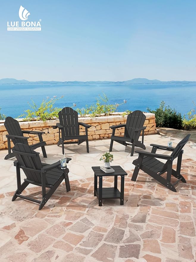 LUE BONA HDPE Adirondack Chairs Set of 4,Plastic Adirondack Chairs with Cup Holder Weather Resistant for Outdoor, Patio, Lawn, Garden, Backyard Deck, Fire Pit, Black
