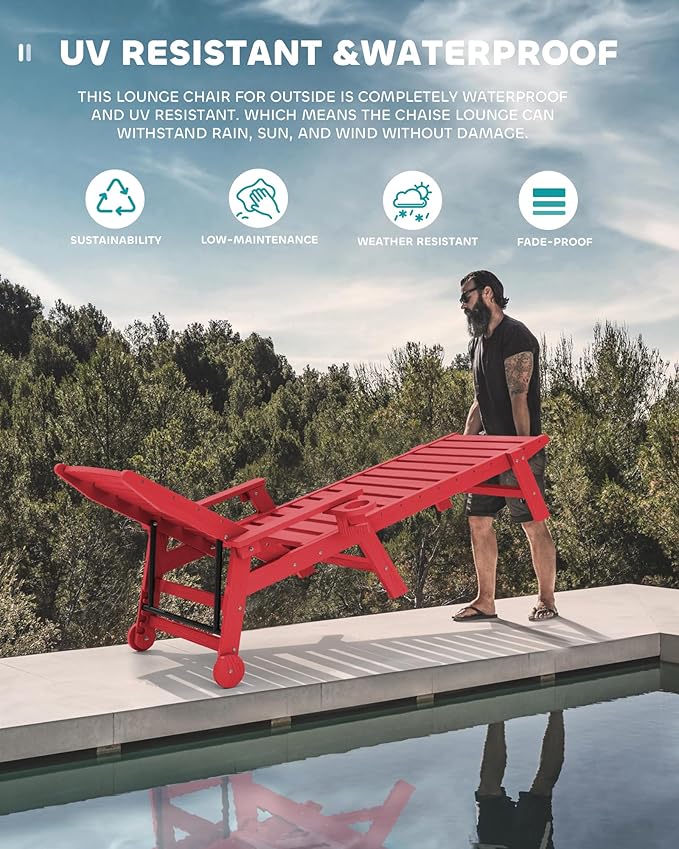 SERWALL Patio Chaise Lounge Chair Set of 2, 78'' Long 5-Positions Adjustable HDPE Outdoor Lounge Chair for Pool, Poly Lounge Chair with Rolling Wheels & Cup Holder for Poolside, Deck, Bright Red