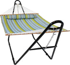 Sunnydaze Double Quilted Fabric Hammock with Universal Steel Stand - 450-Pound Capacity - Black Stand - Blue and Green