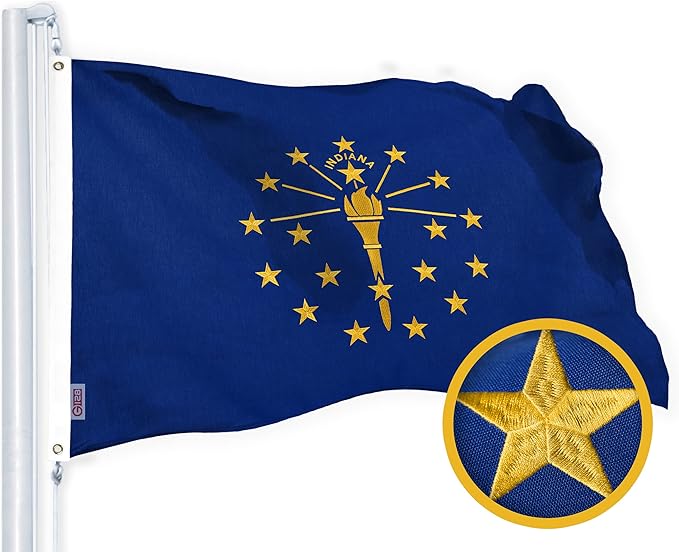 G128 Indiana State Flag | 2.5x4 Ft | StormFlyer Series Embroidered 220GSM Spun Polyester | Embroidered Design, Indoor/Outdoor, Brass Grommets, Heavy Duty, All Weather