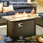 ovios 7 Pieces Patio Furniture Set with 42" Fire Pit Table, Outdoor Sofa Couch with Solar Lights Table Comfy Cushions, Modern Deep Seat Wicker Rattan Conversation Set, Denim Blue