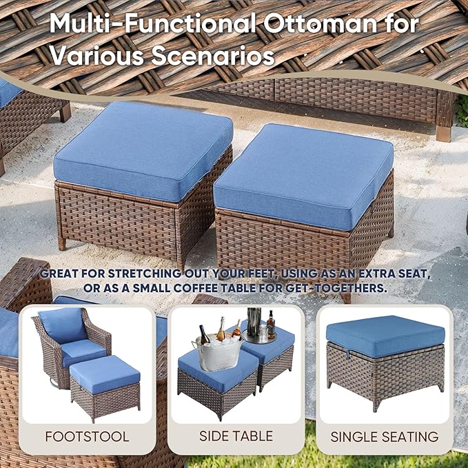 6 Pieces Outdoor Patio Furniture-High Back Rattan Wicker Couch with Outdoor Chairs Patio Conversation Sets for Porch Garden Backyard Poolside-Brown/Blue