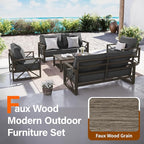 UDPATIO 5 Piece Faux Wood Aluminum Patio Furniture Set 6 Seats Modern Outdoor Furniture Patio Conversation Sets with Coffee Table for Balcony, Backyard, 600D Waterproof Cover Included, Dark Grey