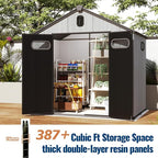 Domi 8×8ft Outdoor Resin Storage Shed - 387+ Cubic Ft Weatherproof Double-Wall Yard Shed with Skylight, Lockable Door and Carpet, Heavy-Duty Steel Frame Storage Building for Lawn Mower, Bike, Tools