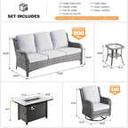 ovios 8 Pieces Patio Furniture Set, Outdoor Wicker Sofa Couch with Swivel Chairs 42" Fire Pit Table, High Back All Weather Modern Conversation Sets, Grey Rattan, Grey