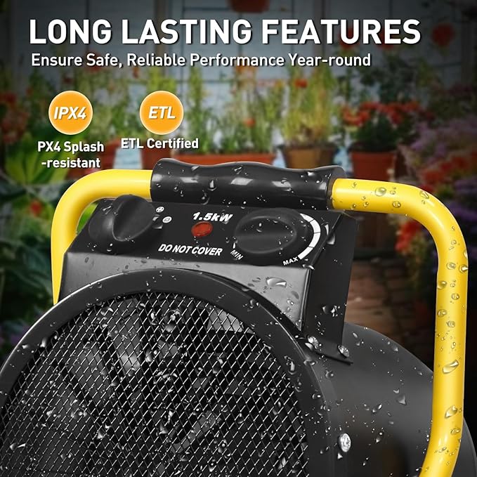 Portable Greenhouse Heater, Overheat Protection, 1500W Radiant Electric Heater for Indoor and Outdoor Use, Garage, Grow Tent, RV, IPX4 Water Resistant, 2 Pieces, Black