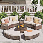 MEISSALIVVE 8 Piece Outdoor Patio Furniture Set, Half-Moon Curved Sectional Set with Wood Armrests, Patio Conversation Set, 2 Half-Moon Ottomans，Coffee & Side Tables (Brown)