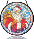 kdqua Christmas Santa Suncatcher Stained Glass Window Hanging, Winter Xmas Santa Claus Sun Catchers Indoor Window Glass Round Wall Decor, Christmas Wall Art Hanging Decorations Statues, 7.9x7.9in
