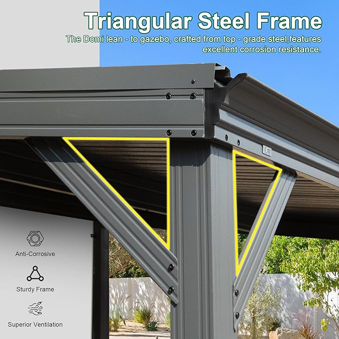 Domi 8’x8’ Lean-to Gazebo, Hardtop Wall-Mounted Gazebo Pergola with Sloping Galvanized Steel Roof and Upgraded Drainage System, Outdoor Permanent Metal Shelters for Patio Backyard Deck, Grey