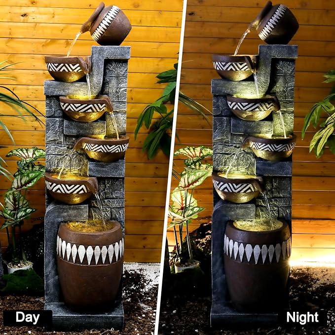 56.6in High Outdoor Indoor Water Fountain, 6-Tiered Poly-Resin Waterfall Fountain with LED Lights, Decorative Floor Standing Fountain for Garden, Patio, Yard, Home Decor