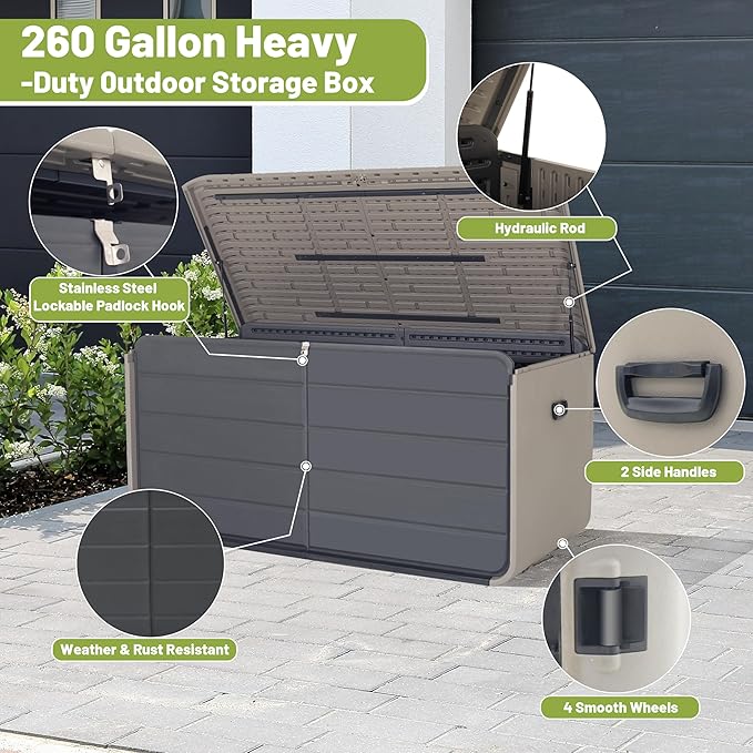KUIKUI Deck Boxes Outdoor Waterproof, Large Outdoor Deck Box with Wheels Waterproof, 260 Gallon XXL Storage Box Lockable, Grey