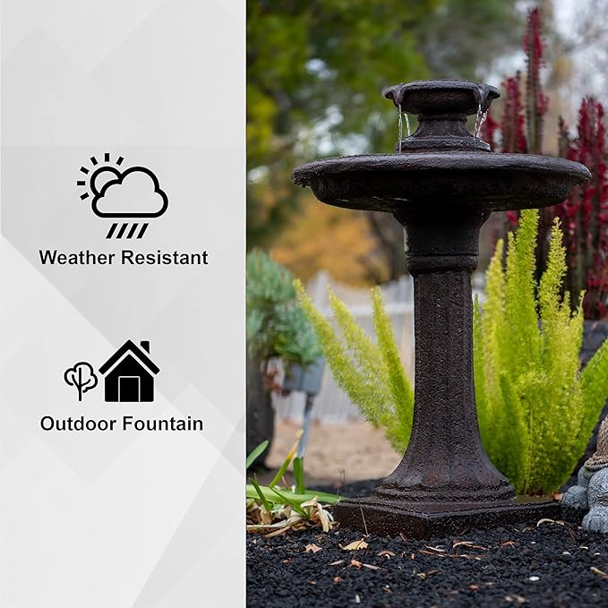 XBrand 28" Tiered Freestanding Classic Bird Bath Outdoor Water Fountain w/Auto Shut-Off Pump, Brown