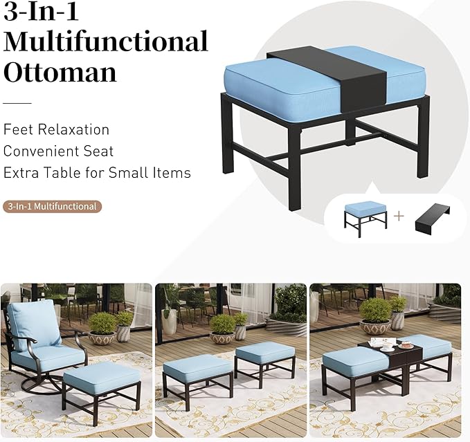 7 Piece Metal Outdoor Patio Furniture Set, Patio Conversation Sets 1 3-seater Sofa, 2 Fixed Chairs, 2 Swivel Chairs, 2 Ottomans with 5.75" Thick Cushion, Black Backyard Furniture, Blue