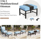 6 Piece Metal Outdoor Patio Furniture Set, Patio Conversation Sets 1 3-seater Sofa, 2 Swivel Chair, 2 Ottomans with 5.75" Thick Cushion and Coffee Table, Black Backyard Furniture, Blue