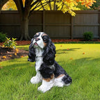 Cavalier King Charles Spaniel Outdoor Dog Statue with Reversible “Welcome/ON Patrol” Hanging Plaque and Solar Porch Lantern, Black & White Sitting