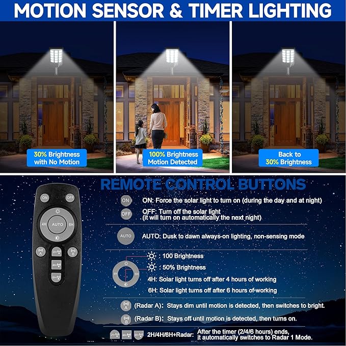 Solar Lights Outdoor for Outside, Waterproof Solar Street Lights Outdoor, 6500K Dusk to Dawn Security Flood Lights Motion Sensor with Remote Control for Yard, 2 Pack