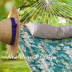 Double Hammock, 11 FT Quilted Fabric 2 Person Hammock for Outside with Pillow, Folding Curved Spreader Bar, Chains, Carrying Bag, Indoor Outdoor, 450 IB Capacity, BlueLeaves