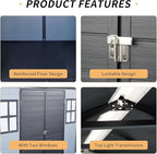 LANTRO JS Outdoor Storage Shed, 8x6FT Plastic Storage Shed with 2 Windows and Lockable Door for Garden Tools, Bike, Lawnmower, Grey and Black