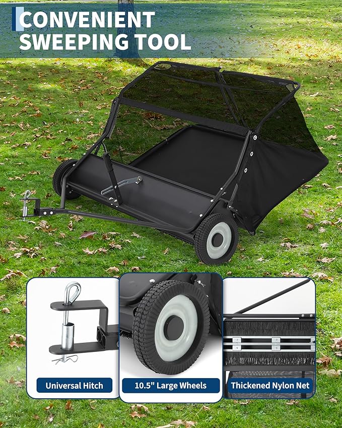 42 in Lawn Sweeper Tow Behind, Pull Behind Yard Sweeper, 21 cu. ft Large Hopper Leaf & Grass Collector, Heavy Duty Garden Sweeper with Adjustable Sweeping Height for Yard, Lawn, Farm