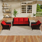 Vista Vibe 3 Pieces Outdoor Patio Conversation Furniture Set - 78" 3-seat Sofa | 2 Wicker Chairs, Deep Seat Loveseat, Removable Cushions, Hand-Woven PE Rattan Couch, Balcony (Brown/Red)