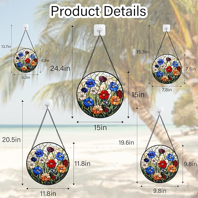 Stained Glass Suncatcher, Colorful Flowers Green Leaf Sun Catcher Landscape Stain Glass Window Hanging Decoration Mother's Day Birthday Gifts for Women Men Mom Nana 11.8 in