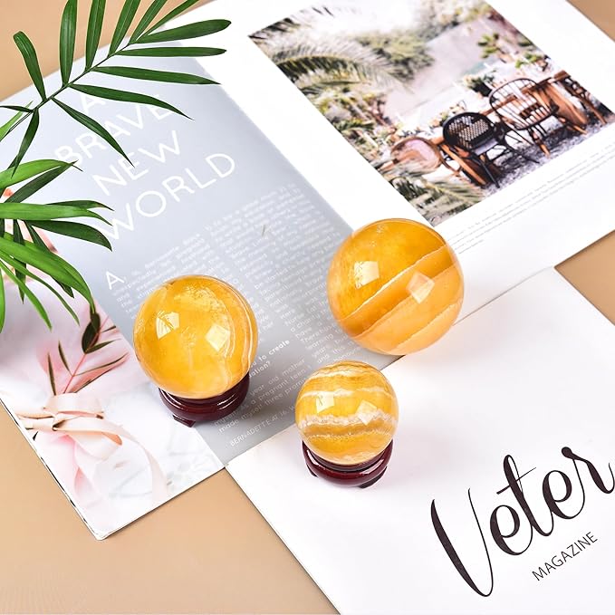 JIC Gem Large Yellow Fluorite Crystal Sphere Ball with Wooden Stand Yellow Healing Crystal Decorative Ball 90-100mm
