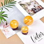 JIC Gem Natural Yellow Fluorite Crystal Sphere with Wooden Stand,Decorative Crystal Ball Yellow Gemstone Sphere for Meditation,Feng Shui,Witch-Style Decor,Table 70-80mm