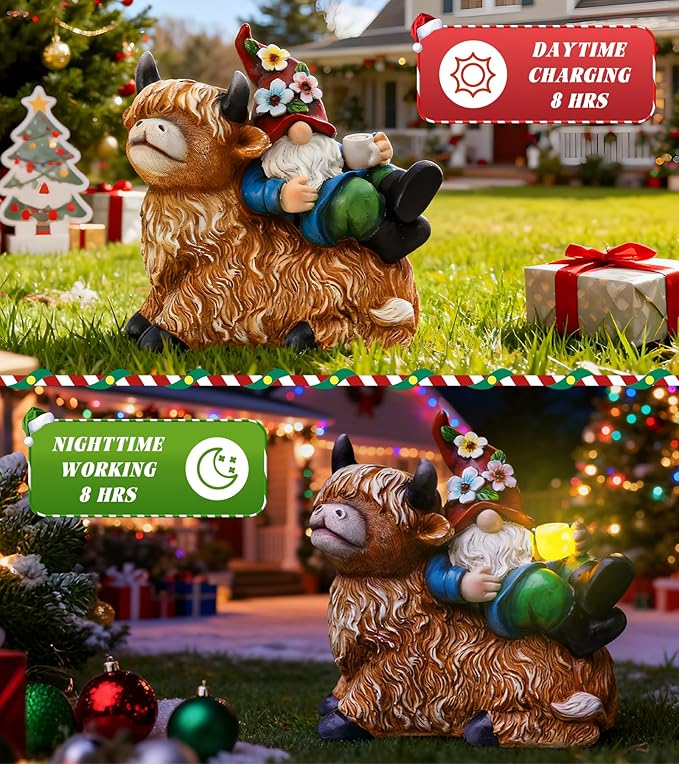 Garden Gnomes Decor Outdoor Statues Gnome on Highland Cow Hold Solar Cup Light Outdoor Decorations for Patio,Yard and Gift for Mom