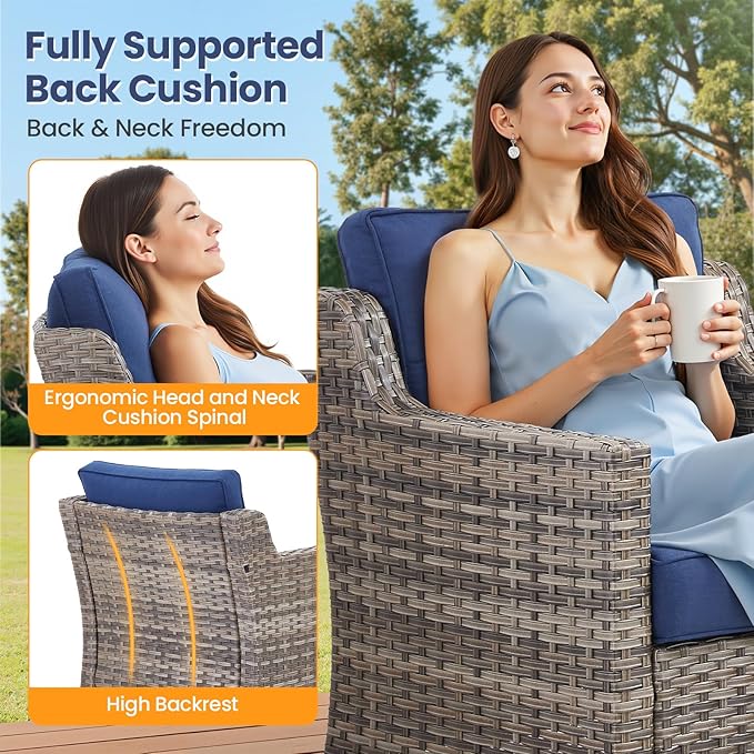 Patio Furniture Set, 7 Pieces Outdoor Wicker Rattan Sofa Couch with Swivel Rocking Chair, Ottomans and Comfy Cushions, All Weather Outdoor Conversation Sets, Suit for Porch Deck