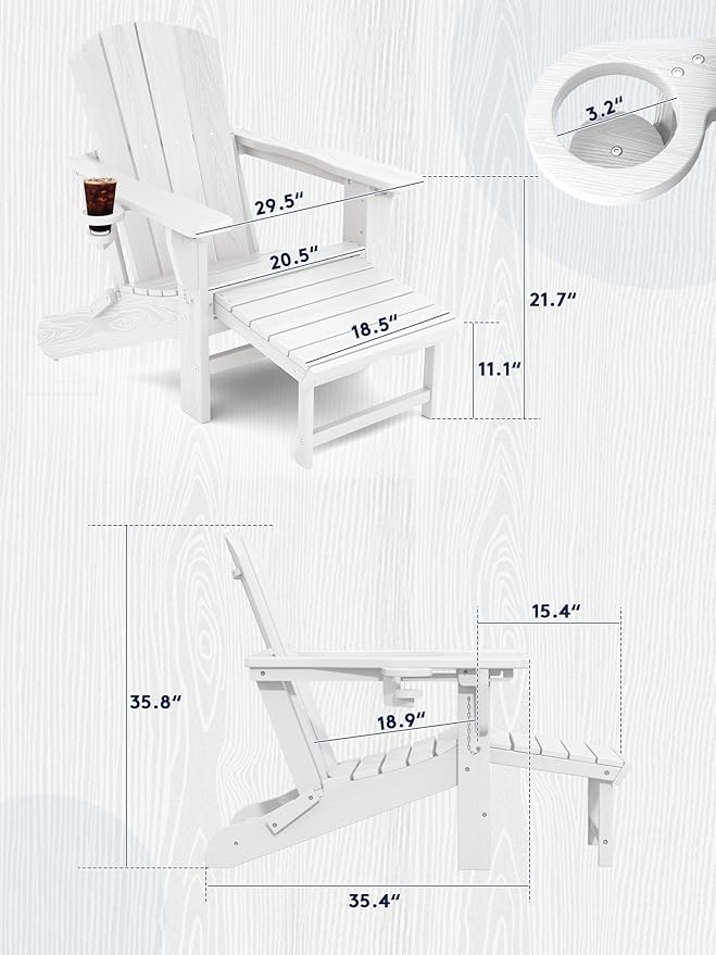 KINGYES Folding Adjustable Adirondack Chair with Retractable Ottoman Set of 6, HDPE All Weather Chair with Cup Holder - Versatile Adirondack Chair, White