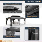 HAPPATIO 12' x 20' Hardtop Gazebo, Outdoor Aluminum Frame Gazebo with Galvanized Steel, Double Roof Permanent Patio Metal Canopy with Netting and Curtains for Backyard, Patio, Deck (Gray)