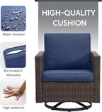 6 Piece Wicker Patio Furniture Set - Outdoor Swivel Rocker Chairs Set with Coffee Table, 3 Seat Sofa & Ottomans, Small Patio Conversation Sets Proch Furniture for Balcony Deck - Brown/Blue
