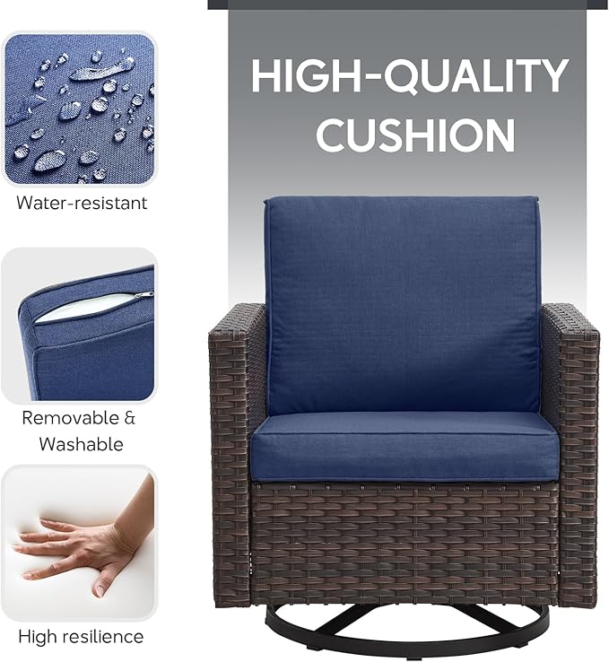 6 Piece Wicker Patio Furniture Set - Outdoor Swivel Rocker Chairs Set with Coffee Table, 3 Seat Sofa & Ottomans, Small Patio Conversation Sets Proch Furniture for Balcony Deck - Brown/Blue