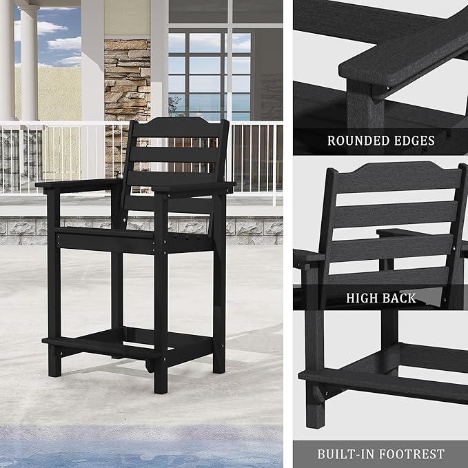 OTSUN 24 Inch HDPE Counter Height Outdoor Chair, All Weather Resistant Adirondack Bar Stools for Balcony, Porch Kitchen(1 PC, Black)