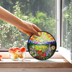 kdqua Sunshine Flower Suncatcher Stained Glass Window Hanging, Cottagecore Sunset Wildflower Sun Catchers Indoor Window Glass Round Wall Decor, Floral Wall Art Hanging Decorations Statues, 7.9x7.9in