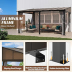 12x14FT Outdoor Wall-Mounted Hardtop Gazebo, Aluminum Frame Lean to Gazebo with Polycarbonate Roof and Curtains for Patio, Garden, Deck