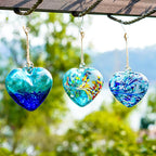 Set of 3 Handmade Glass Heart Ornaments 3.9 Inch Blue Friendship Heart Decor for Garden Home Centerpiece