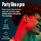 Alpine PartyPlug Pro Concert Ear Plugs, High Fidelity Professional Musician Earplugs with 21dB Noise Reduction, Hearing Protection for Music Festivals, Raves & Live Events, Incl. 3 Tip Sizes, Black