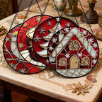 Stained Glass Window Hanging 4 Pcs Set Red Christmas Themed Decorations 7.8" - Suncatcher Door Garden Sun Catcher Decor Birthday New Year for Mom Woman Nana Men
