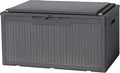 Flamaker Deck Box with Cushion 100 Gallon Waterproof Resin Storage Box with Air Rod Indoor Outdoor Lockable Storage Bench for Patio Furniture, Tools, Pool Accessories (Gray)